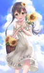  1girl :d bang_dream! bangs bare_shoulders basket blue_sky brown_hair cloud cloudy_sky collarbone commentary_request day dress eyebrows_visible_through_hair flower frilled_dress frills green_eyes hair_between_eyes hair_flower hair_ornament hanazono_tae highres holding holding_flower long_hair looking_at_viewer lunacle open_mouth outdoors round_teeth sky smile solo sunflower teeth twintails upper_teeth very_long_hair white_dress yellow_flower 