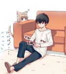  1boy 1girl 40hara animal_ear_fluff animal_ears aqua_eyes bangs black_hair blonde_hair blunt_bangs cat_ears cat_tail closed_mouth commentary_request eyebrows_visible_through_hair holding_game_controller kinako long_sleeves on_floor original peeking_out playing_games shirt sitting slippers tail white_shirt 