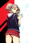  1girl ass blue_earrings blue_eyes brown_hair earrings eyelashes flat_ass hood hood_down jewelry looking_at_viewer looking_back optionaltypo panties pantyshot pantyshot_(standing) persona persona_5 red_panties red_skirt school_uniform shuujin_academy_uniform skirt solo standing stud_earrings takamaki_anne thighs twintails underwear 