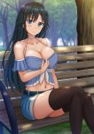  1girl bangs bare_shoulders bench black_hair black_legwear blue_eyes blue_shorts blurry blurry_background blush breasts choker cleavage closed_mouth collarbone day depth_of_field eyebrows_visible_through_hair frilled hair_between_eyes hair_ornament hairclip halter_top halterneck head_tilt highres kazenokaze large_breasts long_hair looking_at_viewer navel on_bench ore_wo_suki_nano_wa_omae_dake_ka_yo outdoors park park_bench sanshokuin_sumireko short_shorts shorts sitting sitting_on_bench smile solo thighhighs tree very_long_hair white_choker 