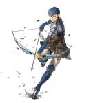  1boy arrow belt blue_hair boots bow_(weapon) brown_eyes fingerless_gloves fire_emblem fire_emblem_echoes:_shadows_of_valentia fire_emblem_heroes full_body gloves highres injury official_art python_(fire_emblem) quiver scar solo suda_ayaka teeth torn_clothes transparent_background weapon 