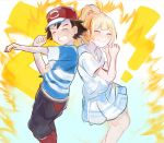  1boy 1girl baseball_cap black_hair black_pants blonde_hair closed_eyes commentary_request grin hat kuriyama lillie_(pokemon) miniskirt pants pokemon pokemon_(anime) pokemon_sm_(anime) satoshi_(pokemon) shirt skirt smile striped striped_shirt white_shirt white_skirt 