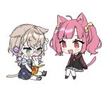  2girls :d achikita_chinami ahoge animal_ear_fluff animal_ears bangs black_dress black_jacket black_legwear blush bow brown_eyes brown_hair cat_ears cat_girl cat_tail chibi closed_mouth dress eyebrows_visible_through_hair flower glasses green_eyes green_shirt grey_skirt hair_between_eyes hair_bow hair_flower hair_ornament holding jacket kemonomimi_mode long_hair long_sleeves multiple_girls neck_ribbon nijisanji open_mouth pink_hair pleated_skirt purple_flower red_ribbon ribbon shirt short_sleeves simple_background sitting skirt sleeves_past_wrists smile socks tail tears tongue tongue_out twintails virtual_youtuber white_background white_footwear white_shirt yaguruma_rine yamabukiiro yellow_bow 