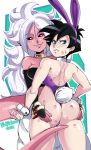  2girls android_21 artist_name ass ass_grab black_hair black_sclera blue_eyes blush bunny_tail bunnysuit curly_hair dated dragon_ball dragon_ball_fighterz dragon_ball_z from_behind grin lipstick_mark looking_at_viewer looking_back majin_android_21 messy_hair multiple_girls pink_skin radlionheart red_eyes smile sweat tail videl white_hair yuri 