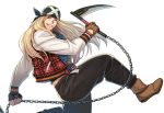  1boy axl_low bandana blonde_hair brown_gloves chain fingerless_gloves from_side gloves grin guilty_gear guilty_gear_2020 jacket kama_(weapon) letterman_jacket long_hair male_focus open_clothes open_jacket pants plaid sickle smile solo textless tsuki_mawari_randolph white_background 