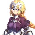  1girl armor armored_dress bangs blonde_hair blue_eyes blush braid breasts chain closed_mouth dress fate/apocrypha fate_(series) gauntlets headpiece highres jeanne_d&#039;arc_(fate) jeanne_d&#039;arc_(fate)_(all) large_breasts long_braid long_hair looking_at_viewer ninnin_(shishitou) plackart purple_dress simple_background single_braid smile solo very_long_hair white_background 