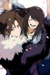  1boy 1girl arms_up black_gloves black_hair blurry blush brown_eyes brown_hair closed_eyes closed_mouth confetti final_fantasy final_fantasy_viii fur_trim gloves hug jewelry long_hair lower_teeth necklace open_eyes open_mouth rinoa_heartilly simple_background smile squall_leonhart sweat sweatdrop teeth upper_teeth white_background yumitoriaoi 