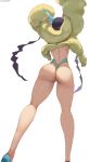  1girl absurdres arms_up ass black_hair coat cutesexyrobutts from_behind gym_leader highres kamitsure_(pokemon) kneepits long_hair long_legs paid_reward patreon_reward pokemon pokemon_(game) pokemon_bw2 signature simple_background solo thick_thighs thighs thong twintails very_long_hair white_background 