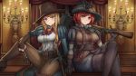  2girls belt belt_pouch black_gloves blonde_hair blue_eyes breasts brown_gloves brown_pants candle candlestand collar crossed_legs darkest_dungeon fingerless_gloves frilled_collar frills frown gloves graverobber_(darkest_dungeon) gun hat hat_feather highres ilpybot indoors knife korean_commentary long_hair long_sleeves looking_at_viewer medium_breasts multiple_girls musketeer_(darkest_dungeon) pants pickaxe potion pouch puffy_long_sleeves puffy_sleeves red_hair short_hair shovel sitting throwing_knife weapon 