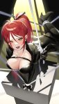  1girl absurdres ahoge black_bodysuit black_gloves blush bodysuit breasts chest_strap daebol eyelashes fang fingerless_gloves gloves hair_between_eyes high_heels highres jewelry large_breasts long_hair mole mole_under_eye necklace open_mouth original ponytail red_hair restrained shadow solo spy tears yellow_eyes zipper zipper_pull_tab 