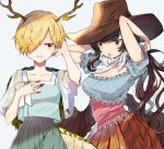  2girls arm_up arms_up bandana bangs black_hair black_wings blonde_hair blue_shirt blue_skirt blush breasts brown_headwear brown_skirt cleavage collarbone commentary_request cowboy_hat cowboy_shot dragon_horns dragon_tail eyebrows_visible_through_hair feathered_wings fingernails grey_background grin hair_over_one_eye hair_tie_in_mouth hand_in_hair hand_on_own_chest hat highres horns kicchou_yachie kurokoma_saki large_breasts long_hair looking_at_another miniskirt mouth_hold multiple_girls nail_polish parted_lips pleated_skirt puffy_short_sleeves puffy_sleeves red_eyes red_nails satoupote sharp_fingernails shirt short_hair short_sleeves simple_background skirt small_breasts smile standing tail touhou wings 