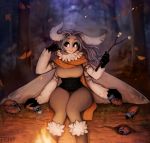  1girl absurdres antennae artist_name autumn autumn_leaves big_eyes black_sclera blurry blurry_background boots branch brown_legwear caterpillar commentary english_commentary eyebrows falling_leaves feet_out_of_frame fire food forest fur-trimmed_boots fur_collar fur_trim grey_hair hair_tucking highres insect_wings knees_together_feet_apart larva leaf log long_hair looking_away marshmallow matilda_fiship monster_girl moth_girl moth_wings mother_lumi multiple_arms nature night orange_scarf original outdoors pants petting scarf sitting slender_waist smile solo stick thick_eyebrows tree white_eyes wind wings 