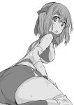  1girl :o absurdres ass bangs blush commentary elbow_pads eyebrows_visible_through_hair from_behind girls_und_panzer greyscale hands_on_own_thighs headband highres knee_pads kondou_taeko leaning_forward looking_at_viewer looking_back medium_hair monochrome open_mouth shiiba_aki shirt short_shorts shorts single_vertical_stripe sleeveless sleeveless_shirt solo sportswear squatting sweat volleyball_uniform 
