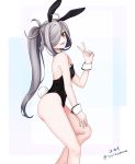  1girl absurdres ahoge alternate_costume animal_ears asashimo_(kantai_collection) black_leotard bunny_ears bunny_girl bunny_tail bunnysuit cowboy_shot dated detached_collar grey_eyes hair_over_one_eye highres kantai_collection leotard long_hair looking_at_viewer parted_lips ponytail sharp_teeth silver_hair solo strapless strapless_leotard tail teeth twitter_username v wrist_cuffs yukai_(xiaoyu13298276) 