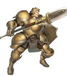  1boy armor armored_boots boots brown_eyes brown_hair fire_emblem fire_emblem_echoes:_shadows_of_valentia fire_emblem_heroes full_body gloves helmet highres male_focus official_art polearm shield solo spear teeth transparent_background valbar_(fire_emblem) weapon 