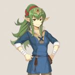  1girl absurdres bandaged_arm bandages bangs belt belt_pouch breasts closed_mouth commentary cosplay cowboy_shot dakkalot donnel_(fire_emblem) donnel_(fire_emblem)_(cosplay) fire_emblem fire_emblem_awakening green_eyes green_hair grey_background headpiece high_ponytail highres long_hair looking_at_viewer medium_breasts pants pink_lips pointy_ears pouch short_sleeves sidelocks simple_background smile solo tiki_(fire_emblem) tunic 