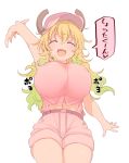  1girl arm_up baseball_cap blonde_hair blush breasts closed_eyes cool-kyou_shinja cowboy_shot dragon_girl dragon_horns gradient_hair green_hair hat highres horns huge_breasts kobayashi-san_chi_no_maidragon long_hair multicolored_hair navel open_hands open_mouth personification pink_headwear quetzalcoatl quetzalcoatl_(maidragon) simple_background smile solo speech_bubble stomach tank_top translation_request wavy_hair white_background 