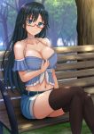  1girl bangs bare_shoulders bench black_hair black_legwear blue_eyes blue_shorts blurry blurry_background blush breasts choker cleavage closed_mouth collarbone commentary day depth_of_field english_commentary eyebrows_visible_through_hair frilled glasses hair_between_eyes hair_ornament hairclip halter_top halterneck head_tilt highres kazenokaze large_breasts long_hair looking_at_viewer navel on_bench ore_wo_suki_nano_wa_omae_dake_ka_yo outdoors park park_bench red-framed_eyewear revision sanshokuin_sumireko semi-rimless_eyewear short_shorts shorts sitting sitting_on_bench smile solo thighhighs tree under-rim_eyewear very_long_hair white_choker 