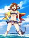  1girl anchor anchor_symbol beach bikini blue_sky blush breasts brown_eyes brown_hair commentary_request covered_nipples destroyer eyebrows_visible_through_hair gradient_sky hair_between_eyes hair_ornament hairclip ikazuchi_(destroyer) ikazuchi_(kantai_collection) kantai_collection medium_breasts military military_vehicle ocean older one_eye_closed open_mouth partial_commentary pleated_skirt sameha_ikuya ship short_hair skirt sky smile solo swimsuit swimsuit_under_clothes warship watercraft 