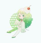  1girl arm_at_side ayu_(mog) bangs cherry colored_eyelashes dripping fireflies flat_chest food food_on_head frilled_sleeves frills fruit full_body glowing gradient_hair green_eyes green_footwear green_hair green_legwear green_panties hat ice_cream long_hair looking_at_viewer multicolored_hair neck_ribbon no_pants object_on_head original outstretched_hand panties polka_dot polka_dot_legwear pom_pom_(clothes) print_legwear red_neckwear red_ribbon ribbon see-through shirt simple_background sleeves_past_fingers sleeves_past_wrists solo swept_bangs thighhighs underwear wavy_hair white_shirt witch_hat 