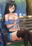  1girl bangs bare_shoulders bench black_hair black_legwear blue_eyes blue_shorts blurry blurry_background blush breasts choker cleavage closed_mouth collarbone day depth_of_field eyebrows_visible_through_hair frilled glasses hair_between_eyes hair_ornament hairclip halter_top halterneck head_tilt highres kazenokaze large_breasts long_hair looking_at_viewer navel on_bench ore_wo_suki_nano_wa_omae_dake_ka_yo outdoors park park_bench red-framed_eyewear sanshokuin_sumireko semi-rimless_eyewear short_shorts shorts sitting sitting_on_bench smile solo thighhighs tree under-rim_eyewear very_long_hair white_choker 