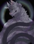  1boy animal_ears astraline bara black_background cat_boy cat_ears cat_tail dated english_commentary extra_ears extra_eyes furry furry_male green_eyes heterochromia looking_at_viewer male_focus multiple_tails muscular muscular_male nick_nocturne orenjimaru purple_eyes signature tail topless_male 