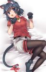  1girl animal_ear_fluff animal_ears bell bell_collar black_hair black_legwear blue_eyes blush bow cat_ears cat_girl cat_tail collar commentary_request extra_ears eyebrows_visible_through_hair fang fur_trim gloves highres kaban_(kemono_friends) kemono_friends kemonomimi_mode legwear_under_shorts lying no_hat no_headwear on_back on_bed open_mouth pantyhose paw_gloves paw_pose paws red_bow red_collar red_shirt shirt short_hair short_sleeves shorts solo t-shirt tadano_magu tail tail_bow 