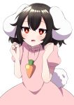  1girl animal_ears arms_up black_hair blush bright_pupils bunny_ears bunny_tail carrot_necklace clenched_hands commentary_request cowboy_shot dress fang hair_between_eyes highres inaba_tewi looking_at_viewer open_mouth pink_dress puffy_short_sleeves puffy_sleeves red_eyes short_hair short_sleeves simple_background skin_fang solo standing tail touhou tsukimirin white_background white_pupils 