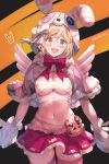  1girl :d akane_mimi akane_mimi_(cosplay) animal_ears animal_hat bandaged_arm bandaged_hands bandages black_background blonde_hair blush bow braid breasts brown_eyes bunny_ears bunny_hair_ornament bunny_hat capelet cleavage cosplay djeeta_(granblue_fantasy) fake_animal_ears frilled_skirt frills fur-trimmed_capelet fur_trim granblue_fantasy groin hair_ornament hat highres looking_at_viewer medium_breasts milli_little navel open_mouth orange_background pink_capelet pink_legwear princess_connect! princess_connect!_re:dive red_bow red_skirt skindentation skirt smile solo thighhighs twitter_username two-tone_background vee_(granblue_fantasy) 