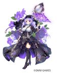 1girl belt black_dress black_footwear boots braid breasts closed_mouth corset dress flower flower_knight_girl full_body halloween highres holding holding_staff large_breasts long_hair looking_at_viewer magic mg_kurino object_namesake official_art purple_eyes purple_hair simple_background smile solo staff standing streptocarpus_(flower_knight_girl) thigh_boots thighhighs twin_braids veil white_background zettai_ryouiki 