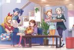  5girls :d :o ^_^ aikatsu! aikatsu!_(series) arisugawa_otome bangs bear_slippers black_pants blanket blonde_hair blue_eyes blue_hair blue_skirt blunt_bangs blush bookshelf bow bowl brown_hair brown_legwear cactus camisole camisole_over_clothes ceiling_light cherico closed_eyes coffee_table couch cup double_bun dress drill_hair facing_viewer floor green_dress hair_bow hair_ornament hair_ribbon hairband halterneck holding holding_tray hoshimiya_ichigo index_finger_raised indoors kiriya_aoi legwear_under_shorts light_switch living_room long_hair long_sleeves looking_at_another looking_at_viewer multiple_girls on_couch open_mouth orange_hair orange_legwear pants pants_under_dress pantyhose pastry_box picture_frame pink_footwear pink_legwear plant potted_plant purple_eyes red_eyes ribbon rug shibuki_ran shorts side_ponytail sitting skirt sleeveless_sweater slippers smile socks standing standing_on_one_leg star striped stuffed_animal stuffed_raccoon stuffed_toy swept_bangs talking teacup teddy_bear thigh_gap toudou_yurika tray twin_drills twintails vertical_stripes w walking wallpaper_(object) white_footwear wooden_ceiling 