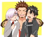  2boys beard blush brown_hair chest facial_hair fate/grand_order fate_(series) fujimaru_ritsuka_(male) glasses hair_over_one_eye hand_on_another&#039;s_shoulder long_sleeves looking_at_viewer male_focus mash_kyrielight multiple_boys muscle napoleon_bonaparte_(fate/grand_order) open_mouth pectorals polar_chaldea_uniform purple_hair scar shitappa short_hair simple_background smile teeth upper_body 