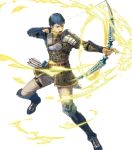  1boy arrow aura belt blue_hair boots bow_(weapon) brown_eyes fingerless_gloves fire_emblem fire_emblem_echoes:_shadows_of_valentia fire_emblem_heroes full_body gloves highres male_focus official_art open_mouth python_(fire_emblem) quiver solo suda_ayaka teeth transparent_background weapon 