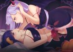  2girls bare_shoulders bat black_dress black_gloves blush breasts cleavage commentary crop_top crossover demon_girl demon_horns demon_tail demon_wings dress eye_contact from_side gabriel_dropout girl_on_top gloves halloween horns lavender_eyes lavender_hair long_hair looking_at_another lying medium_breasts medium_hair midriff multiple_girls navel new_game! o-ring o-ring_top on_back patreon_username profile pumpkin purple_eyes purple_hair small_breasts suzukaze_aoba tail tsukinose_vignette_april very_long_hair watermark web_address wings yuri zeri_(zeristudio) 