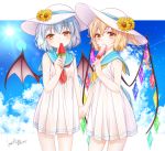  2girls alternate_costume alternate_headwear bare_arms bat_wings blonde_hair blue_sailor_collar blue_sky cloud commentary_request condensation_trail dated day dress eating eyebrows_visible_through_hair flandre_scarlet flower food food_in_mouth hair_between_eyes haruki_(colorful_macaron) hat hat_flower head_tilt holding holding_food holding_hands lens_flare light_blue_hair looking_at_viewer multiple_girls neckerchief outdoors partial_commentary popsicle red_eyes red_neckwear remilia_scarlet sailor_collar short_dress short_hair siblings side_ponytail signature sisters sky standing sun_hat sundress sunflower touhou watermelon_bar wings yellow_neckwear 