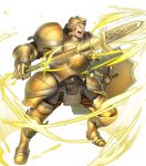  1boy armor armored_boots aura boots brown_eyes brown_hair fire_emblem fire_emblem_echoes:_shadows_of_valentia fire_emblem_heroes full_body gloves helmet highres male_focus official_art open_mouth polearm shield solo spear teeth transparent_background valbar_(fire_emblem) weapon 