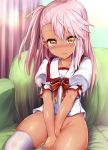  1girl bangs blurry blurry_background blush bottomless bow chloe_von_einzbern collarbone commentary_request couch curtains dark_skin depth_of_field eyebrows_visible_through_hair fate/kaleid_liner_prisma_illya fate_(series) groin hair_between_eyes highres homurahara_academy_uniform long_hair looking_at_viewer nose_blush on_couch one_side_up orange_eyes parted_lips partial_commentary pink_hair puffy_short_sleeves puffy_sleeves red_bow sailor_collar school_uniform sen_(astronomy) shirt short_sleeves single_thighhigh sitting skindentation smile solo suggestive_fluid thighhighs white_legwear white_sailor_collar white_shirt 