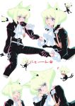  1boy androgynous animal_ears belt black_gloves black_jacket c_kihara cat_ears cat_tail catboy chibi closed_eyes cravat earrings finger_licking gloves green_hair half_gloves highres jacket jewelry licking lio_fotia male_focus open_mouth promare purple_eyes short_hair smile solo tail 