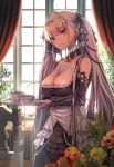  1girl azur_lane backlighting bare_shoulders black_dress blurry bow breasts chair cleavage collarbone cup curtains day depth_of_field detached_collar dress flower formidable_(azur_lane) frilled_dress frills hair_bow highres holding holding_tray indoors large_breasts long_hair long_sleeves looking_at_viewer red_eyes rose silver_hair smile solo standing sunlight teacup tray twintails very_long_hair window yu_ni_t 
