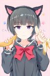  1girl animal_ears banana bangs bite_mark black_dress black_hair black_hairband bow cat_ears closed_mouth collarbone commentary_request dress eyebrows_visible_through_hair fake_animal_ears fingernails food fruit gomennasai hairband hands_up holding holding_food idolmaster idolmaster_cinderella_girls light_frown long_sleeves looking_at_viewer partial_commentary paw_background pink_background puffy_long_sleeves puffy_sleeves purple_eyes red_bow sexually_suggestive shirayuki_chiyo short_hair sidelocks simple_background solo translated upper_body 