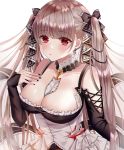  1girl absurdres azur_lane bangs bare_shoulders between_breasts black_dress black_nails blush breasts cleavage commentary_request dress earrings eyebrows_visible_through_hair flight_deck formidable_(azur_lane) frilled_dress frills grey_hair hair_ribbon highres jewelry large_breasts long_hair long_sleeves looking_at_viewer partial_commentary parum39 red_eyes ribbon rigging solo twintails two-tone_dress two-tone_ribbon upper_body very_long_hair 