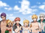  2girls 4boys artoria_pendragon_(all) artoria_pendragon_(swimsuit_archer) bedivere bikini blonde_hair blue_eyes closed_eyes commentary emiya_shirou eyebrows_visible_through_hair fate/apocrypha fate/extra fate/grand_order fate/stay_night fate_(series) gawain_(fate/extra) green_eyes grey_hair highres kmk knights_of_the_round_table_(fate) lancelot_(fate/grand_order) mordred_(fate) mordred_(fate)_(all) mordred_(swimsuit_rider)_(fate) multiple_boys multiple_girls prydwen purple_eyes purple_hair red_bikini red_hair red_scrunchie scrunchie short_hair swimsuit swimsuit_of_perpetual_summer 