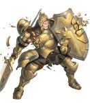  1boy armor armored_boots boots brown_eyes brown_hair fire_emblem fire_emblem_echoes:_shadows_of_valentia fire_emblem_heroes full_body gloves helmet highres injury official_art one_eye_closed polearm scar shield solo spear teeth torn_clothes transparent_background valbar_(fire_emblem) weapon 