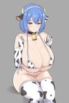  1girl absurdres animal_ears animal_print areola_slip bell bikini blue_eyes blue_hair blush breasts breasts_squeezed_together cow_ears cow_girl cow_horns cow_print cow_print_bikini cow_print_gloves cow_print_thighhighs cowbell ear_tag elbow_gloves fake_horns fingerless_gloves gloves grey_background highres horns huge_breasts looking_at_viewer micro_bikini naozuri neck_bell print_bikini print_gloves print_thighhighs prism_project rikudou_yura short_hair side-tie_bikini_bottom solo swimsuit symbol-shaped_pupils thick_thighs thighhighs thighs virtual_youtuber x-shaped_pupils 