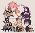  1boy 3girls ahoge anger_vein angry animal_ear_piercing animal_ears annoyed armor bare_shoulders blonde_hair blue_hair blunt_bangs breasts bridal_gauntlets cat chibi cleavage clenched_hand clenched_teeth closed_eyes closed_mouth collarbone covering_own_mouth detached_sleeves earrings english_commentary eyeliner friends from_side genshin_impact green_eyes grey_background hair_between_eyes hair_ornament hairclip hand_over_own_mouth hand_up head_tilt headpiece heart highres japanese_clothes jewelry kimono kirara_(cat)_(genshin_impact) kirara_(genshin_impact) light_blush long_hair long_sleeves looking_to_the_side makeup messy_hair mole mole_under_eye mother_and_son multiple_girls nonons off_shoulder one_eye_closed pink_hair purple_hair purple_kimono raiden_shogun red_eyeliner red_ribbon red_sash ribbon sash scaramouche_(cat)_(genshin_impact) scaramouche_(genshin_impact) scratches shade shaded_face short_hair short_sleeves shoulder_armor simple_background smile speech_bubble sweatdrop teeth tongue tongue_out trembling wanderer_(genshin_impact) yae_miko 