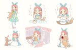  1girl ;o alicia_(pop&#039;n_music) animal_bag apron bed biting blanket blue_bow blue_dress blush_stickers bow bowtie candy candy_apple canopy_bed clothes_grab cooking cracking_egg cup dress eating egg eggshell food food_on_face green_eyes hair_bow hairband holding holding_food holding_spoon holding_stuffed_animal leoharju long_hair looking_at_viewer looking_down multiple_views on_bed one_eye_closed pajamas pantyhose pillow pink_footwear pink_hair playing pop&#039;n_music print_dress pudding reaching rubbing_eyes saucer shoes short_sleeves simple_background sitting spilling spoon standing strangling stuffed_animal stuffed_bunny stuffed_toy tablecloth tea teacup translation_request tube under_covers white_apron white_background white_legwear yellow_bow yellow_neckwear 