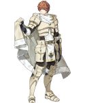  1boy 88_taho armor armored_boots boots brown_eyes cape conrad_(fire_emblem) fire_emblem fire_emblem_echoes:_shadows_of_valentia fire_emblem_heroes full_body fur_trim gloves highres male_focus official_art orange_hair scarf solo transparent_background weapon 