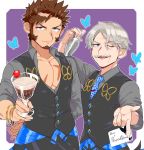  2boys alternate_costume alternate_hairstyle beard blue_butterfly blue_eyes brown_hair bug butterfly chest cocktail_shaker cosplay facial_hair fate/grand_order fate_(series) food gray_collar_(fate/grand_order) ice_cream insect james_moriarty_(fate/grand_order) james_moriarty_(fate/grand_order)_(cosplay) long_sleeves looking_at_viewer male_focus matching_outfit multiple_boys muscle napoleon_bonaparte_(fate/grand_order) necktie pants pectorals scar shitappa simple_background smile uniform 