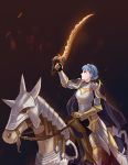  1girl armor blue_hair braid cape closed_mouth crown_braid fire_emblem fire_emblem:_three_houses highres holding holding_sword holding_weapon horse horseback_riding marianne_von_edmund riding signature sword tamafries weapon 