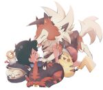  1boy ash_ketchum backpack bag black_hair claws fangs hhm6965 lycanroc lycanroc_(dusk) male_focus meltan open_mouth pikachu pokemon pokemon_(anime) pokemon_(creature) pokemon_sm_(anime) rowlet simple_background sleeping smile tongue tongue_out torracat white_background 